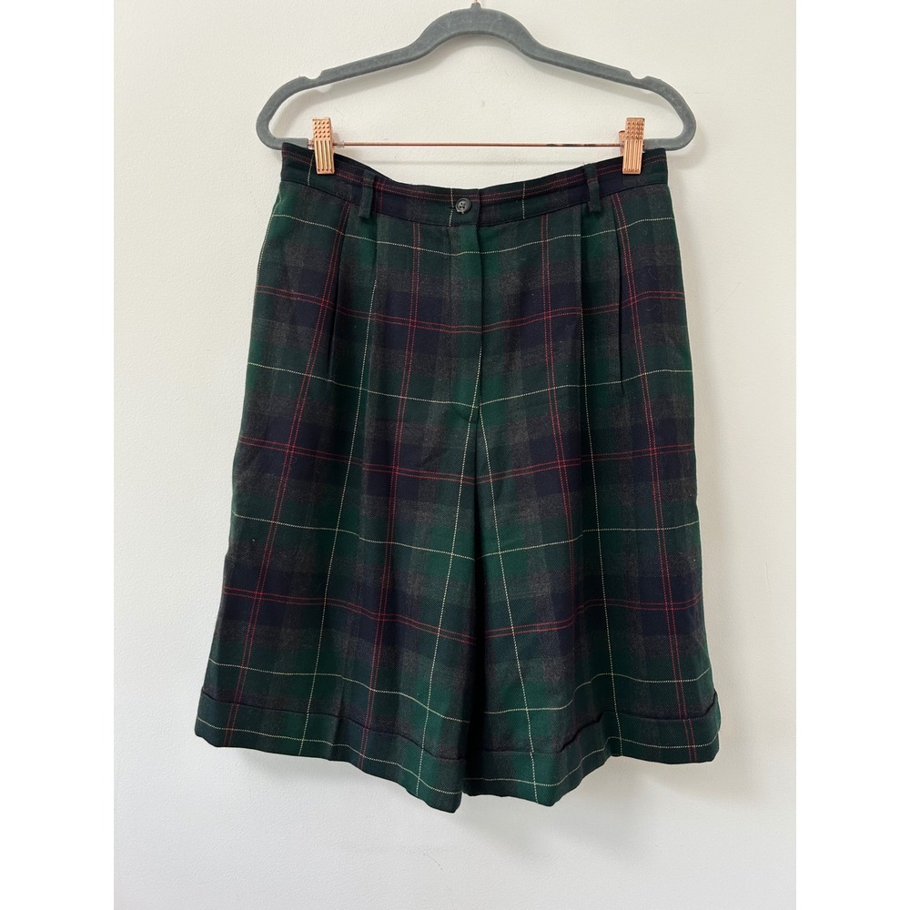 Vtg. Talbots Green Plaid Pleated Bermuda Shorts Womens 12 Mid Rise Cuffed Lined‎